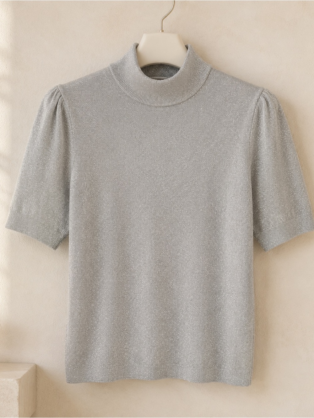 MICHAEL Michael Kors Silver Metallic Puff Sleeve Turtleneck Top L